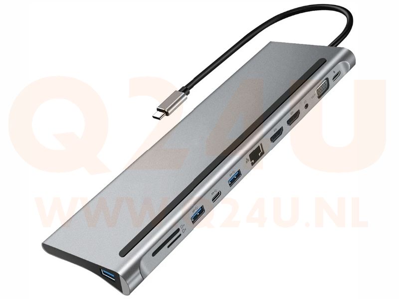 USB-C hub, 12 in 1. RJ45, 3x USB, 2x HDMI, 1x VGA, audio